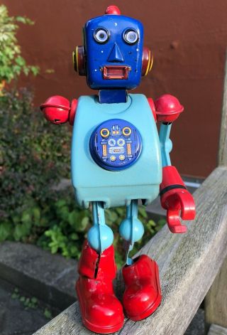 Retro? Vintage? Wind Up Tin Space Robot Toy Blue Head Red Shoes China 9 " Parts