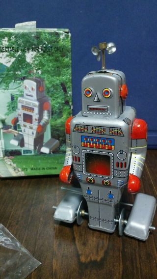 Vintage Toy Wind Up Robot W Key Box Weatherman Metal Walks Retro