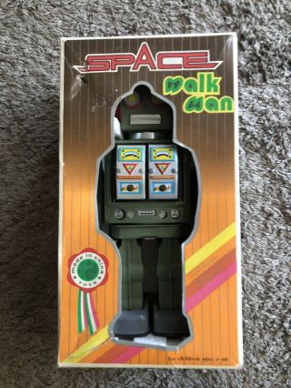 Vintage Tin Space Walk Man Robot Figure Battery Operated Box