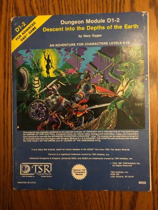 Descent Into The Depths Of The Earth Dungeons & Dragons 1st Ed Module D1 - 2 1981