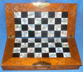Vintage Chinese Folding Chess Board Hand Carved Wood Dragon & Phoenix