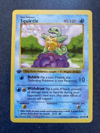 Pokemon Squirtle 1st Edition Shadowless Base Set 1999 Card 63/102