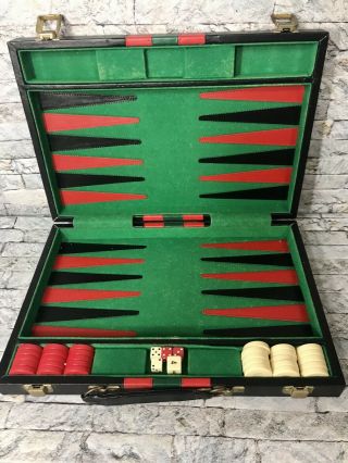 Vintage Backgammon Set Leather Case Black With Red And Green Stripes