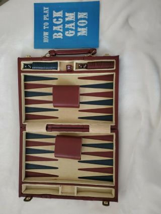 Vintage Backgammon Set Briefcase Faux Leather Travel Case