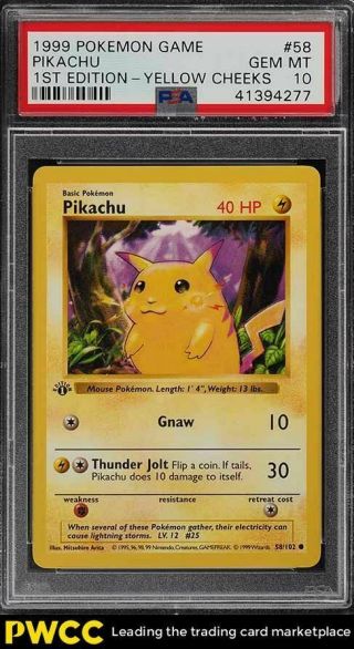 1999 Pokemon Game 1st Edition Yellow Cheeks Pikachu 58 Psa 10 Gem