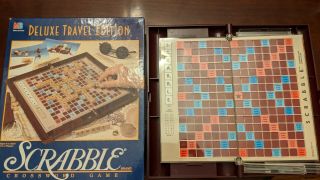 Deluxe Travel Edition Scrabble Crossword Game Mb 100 Wood Tiles Red Pouch 1990
