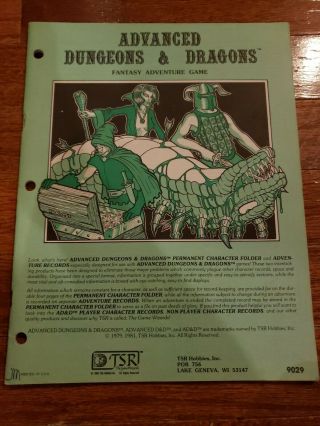 1981 Tsr Dungeons & Dragons Ad&d 9029 Fantasy Adventure Game Character Folder