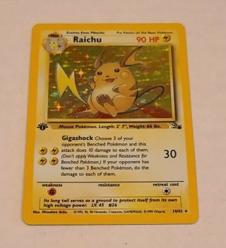 1999 Pokemon Card Raichu Holo 14/62 Fossil 1st Edition