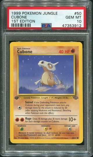 1999 Pokemon Jungle 1st Edition Cubone 50 Psa 10 Gem