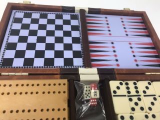Vintage 4 - in - 1 Travel Game Set Mini Chess Backgammon Cribbage Dominoes 3
