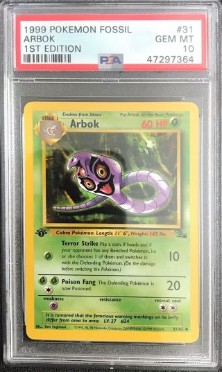 1999 Pokemon Fossil Arbok 1st Edition Psa 10