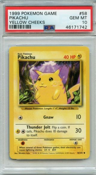 1999 Pokemon Game Base Yellow Cheeks Pikachu 58 Psa 10 Gem