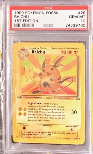 1999 Pokemon Fossil 29 Raichu Psa 10 Gem 1st Edition