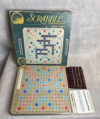 Vintage Scrabble Deluxe Edition Turntable Board Burgundy Tiles 1982 Incomplete