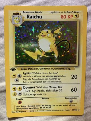 Rare German Pokemon Card Raichu Holo 1st Edition Base Set 14/102 Near