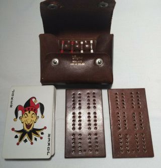 Vintage Leather Travel Case With Cribbage Boards And Complete Deck.