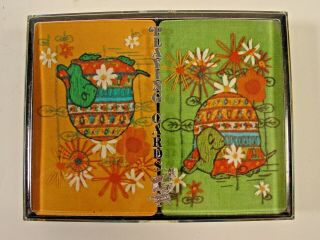1960s? Vintage Playing Cards 2 Decks Case Turtles Green Orange Complete