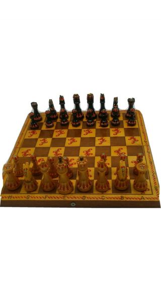 Vintage Wooden Chess Set Hand Painted Red Black Signed Mant 