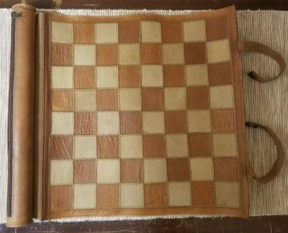 Vintage Top Grain Leather Game Board Travel Chess Checkers set Roll Up Case 2