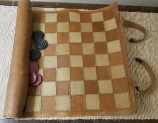 Vintage Top Grain Leather Game Board Travel Chess Checkers set Roll Up Case 3