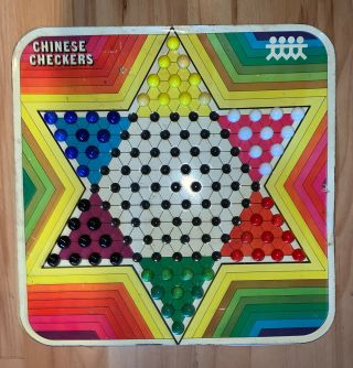 Vintage Chinese Checkers Board Game W/ Multi Color Marbles & Tin Board