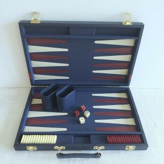 Vtg Backgammon Set Blue Red Faux Leather Briefcase Classic Game No Doubling Cube