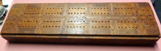 Antique Wooden Inlaid Folk Art Cribbage Board 3.  5 " X 12 " Card Game Hand Made