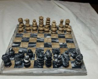 Small Marble And Stone Chess Set Artisan Hand Carved 7.  X7 Board Tan Black Gray