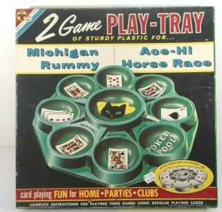 Vintage Transogram 2 Game Play Tray Michigan Rummy Ace Hi Horse Race W Box 1959