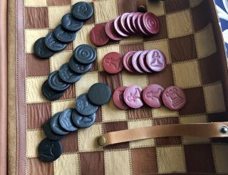 Vintage Roll Up Leather Chess / Checker Board With Piece Storage 13x13