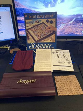 Deluxe Travel Edition Scrabble Crossword Game Mb 100 Wood Tiles Red Pouch 1990