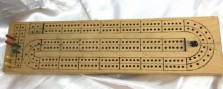 Vintage Wood Cribbage Board With Compartment With Pegs 14 L X 3 1/2”