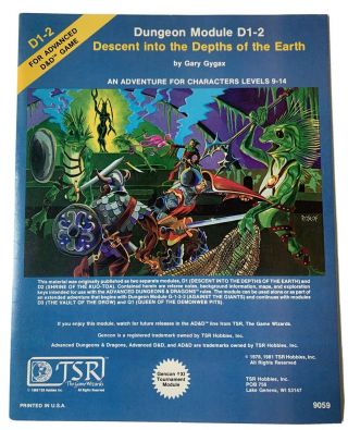 Advanced D&d Dungeon Module D1 - 2: Descent Into The Depths Of The Earth Tsr Great