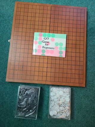 Vintage Go Game Wooden Folding Board W/ Black & White Stones.  Instructions 1971