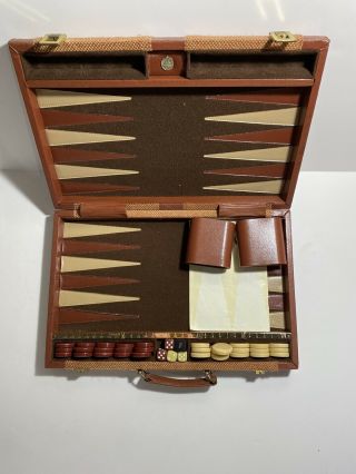 Vtg Aries Beverly Hills Backgammon Game Set Faux Fabric Case Leather Trim
