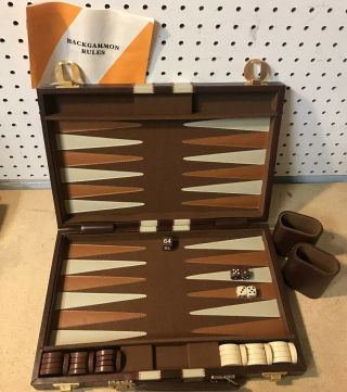Vintage Backgammon Set Briefcase Faux Leather Travel Case W/ Instructions