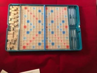 Vtg 1976 Travel Edition Scrabble Crossword Game Wood Cube Letters Blue Case