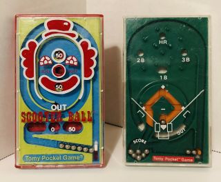 Vintage Tomy Pocket Games (2) Hand Held Skill Games Baseball Scooter Ball Toys