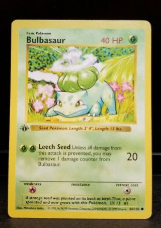 Pokemon Bulbasaur,  44/102,  1999 1st Edition,  Shadowless Base Set