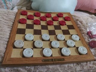 Folding Wooden Checker Board Game With Checkers