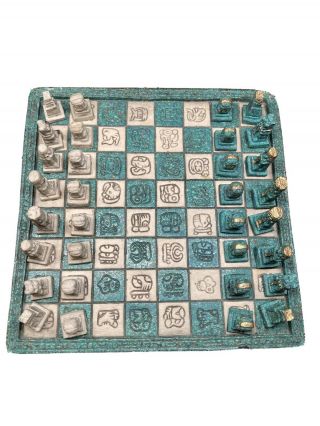 Vintage Mexican Hand Carved Stone Aztec Mayan Chess Set Malachite Turquoise Onyx