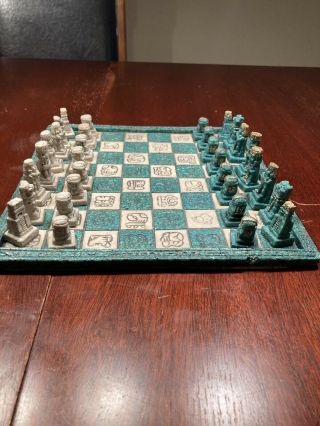 Vintage Mexican hand carved stone Aztec Mayan chess set Malachite Turquoise Onyx 2