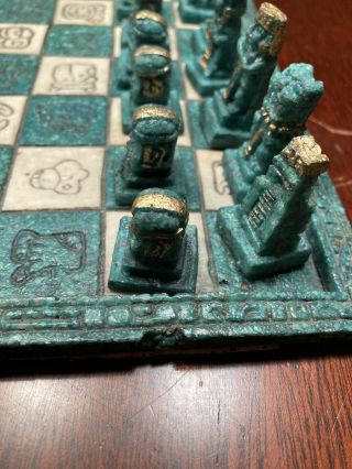Vintage Mexican hand carved stone Aztec Mayan chess set Malachite Turquoise Onyx 3
