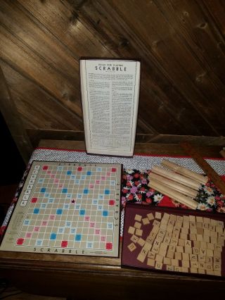 Vintage Scrabble Game 1953 Selchow & Righter,  Wood Tiles & Racks Complete