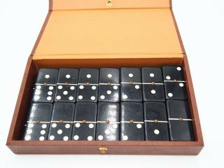 Vintage Set Of 28 Black Double Six Dominoes With Metal Spinner Rivet And Case