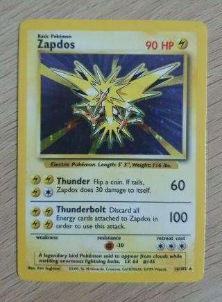 Zapdos Pokemon Cards 1999 16/102 Base Set Unlimited Holo Rare