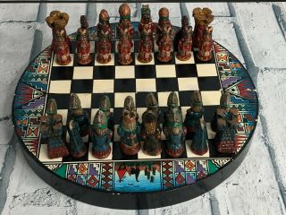 Wood Travel Chess Set Aztecs Vs Conquistadors Hand Painted 10 " Case,  Complete