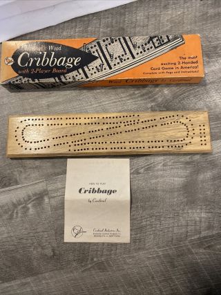 Vintage Cardinal’s Wood Cribbage Board With Box And Wood Pegs