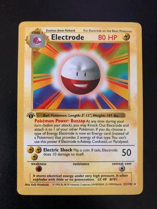 Electrode 21/102 1st First Edition Base Set Shadowless Rare Pokemon Card Wotc