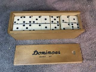 28 Vintage Double - Six Dominoes With Brass Spinners In Wood Box With Sliding Lid